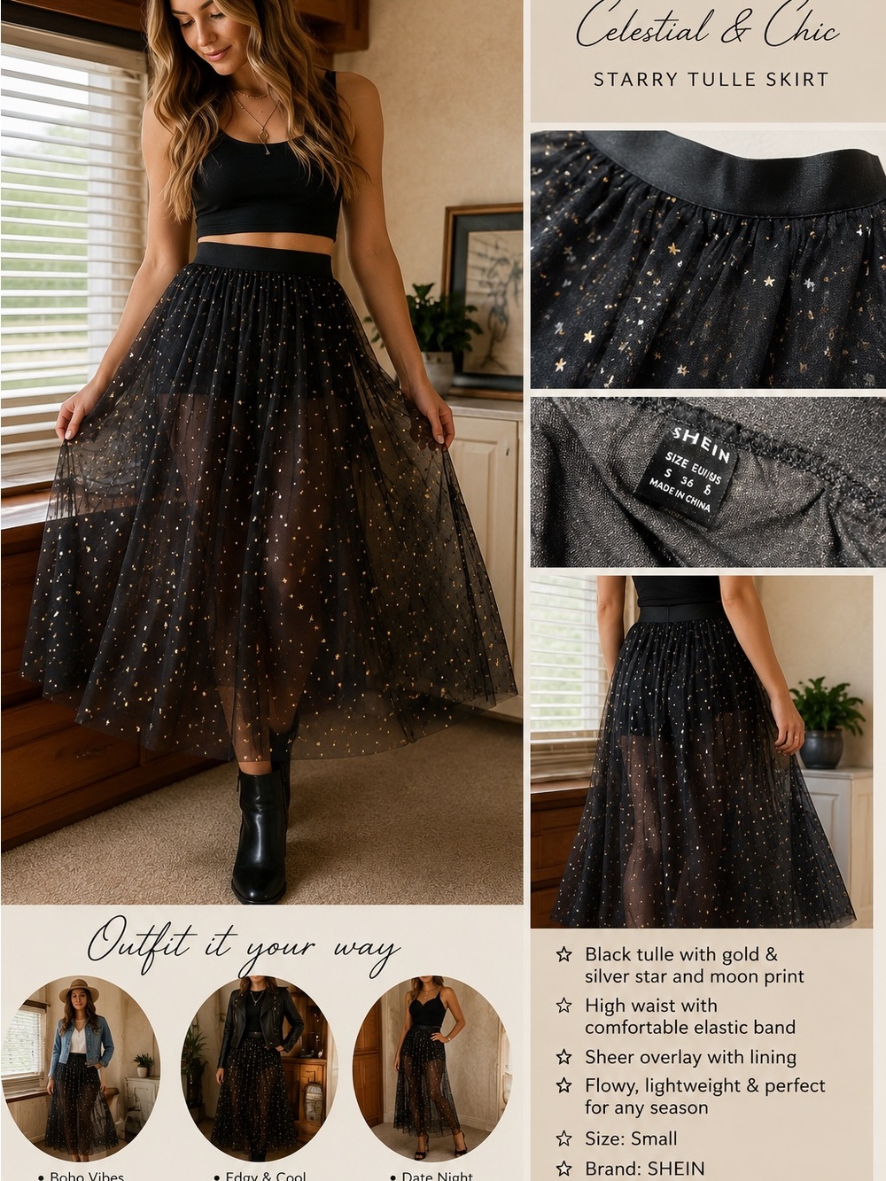 SHEIN Black Tulle Maxi Skirt with Gold & Silver Stars